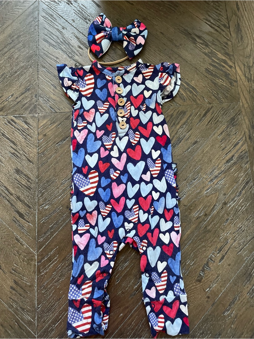 Posh Peanut Patriotic Romper with Red, Pink,Light Blue and Flag Hearts Size 6-9M